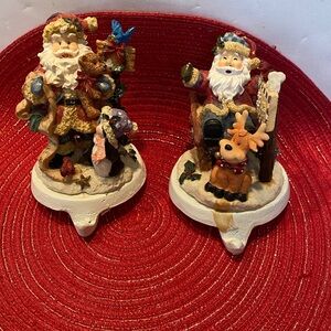 Vintage Set of 2 Woodland Folk Santas on Cast Iron Base Mantel Stocking Holders